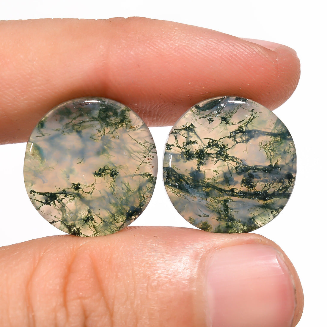 moss agate round shape cabochon loose gemstone pair