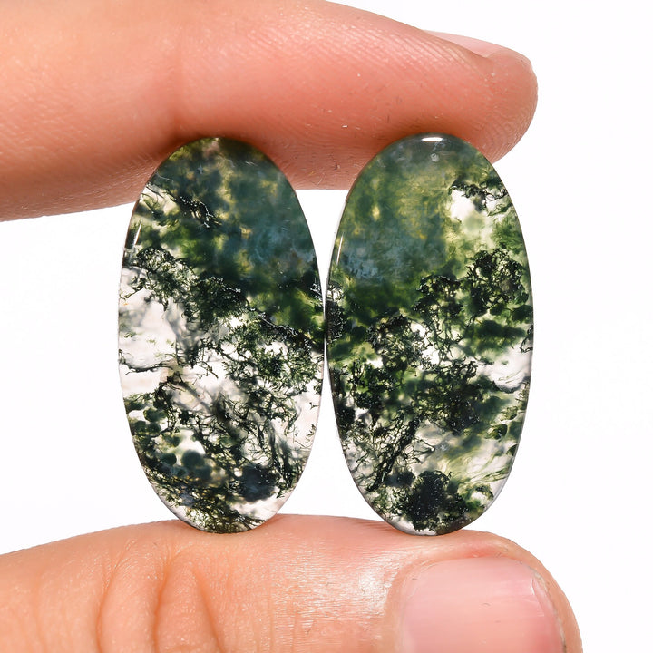 moss agate oval shape cabochon loose gemstone pair