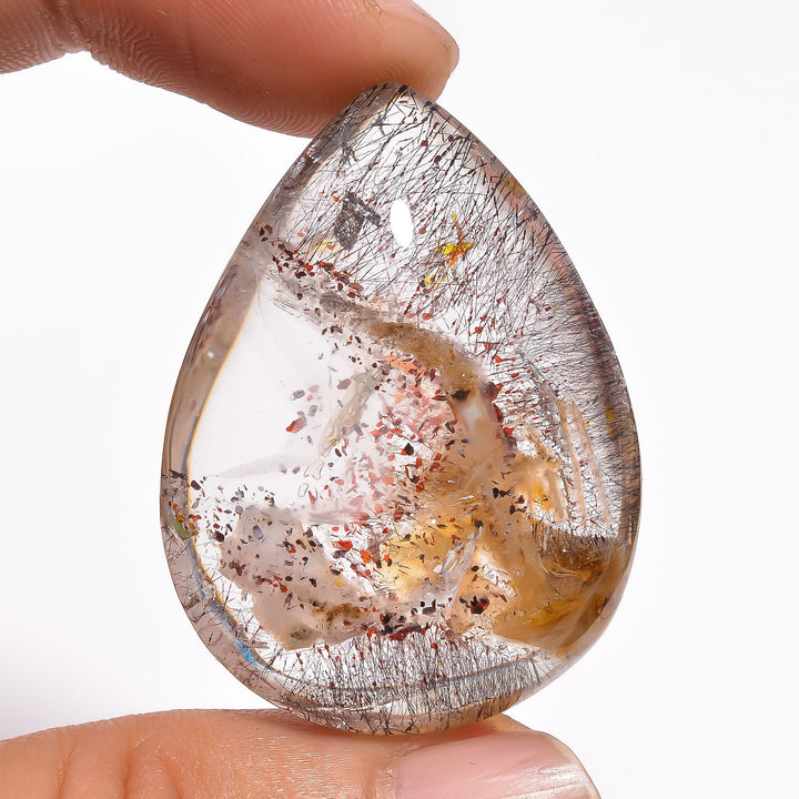 elestial quartz with many natural inclusion pear shape cabochon loose gemstone