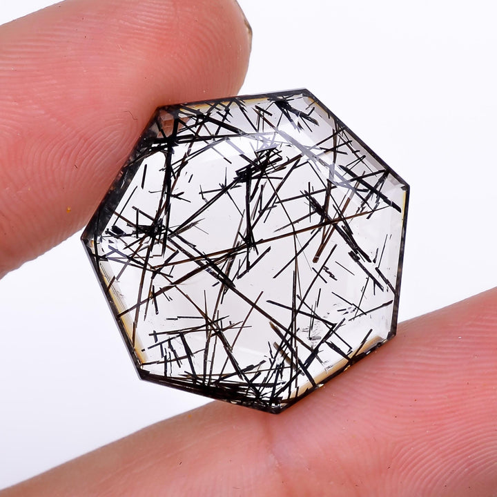 black rutile quartz both side flat cut hexagon shape cut stone loose gemstone