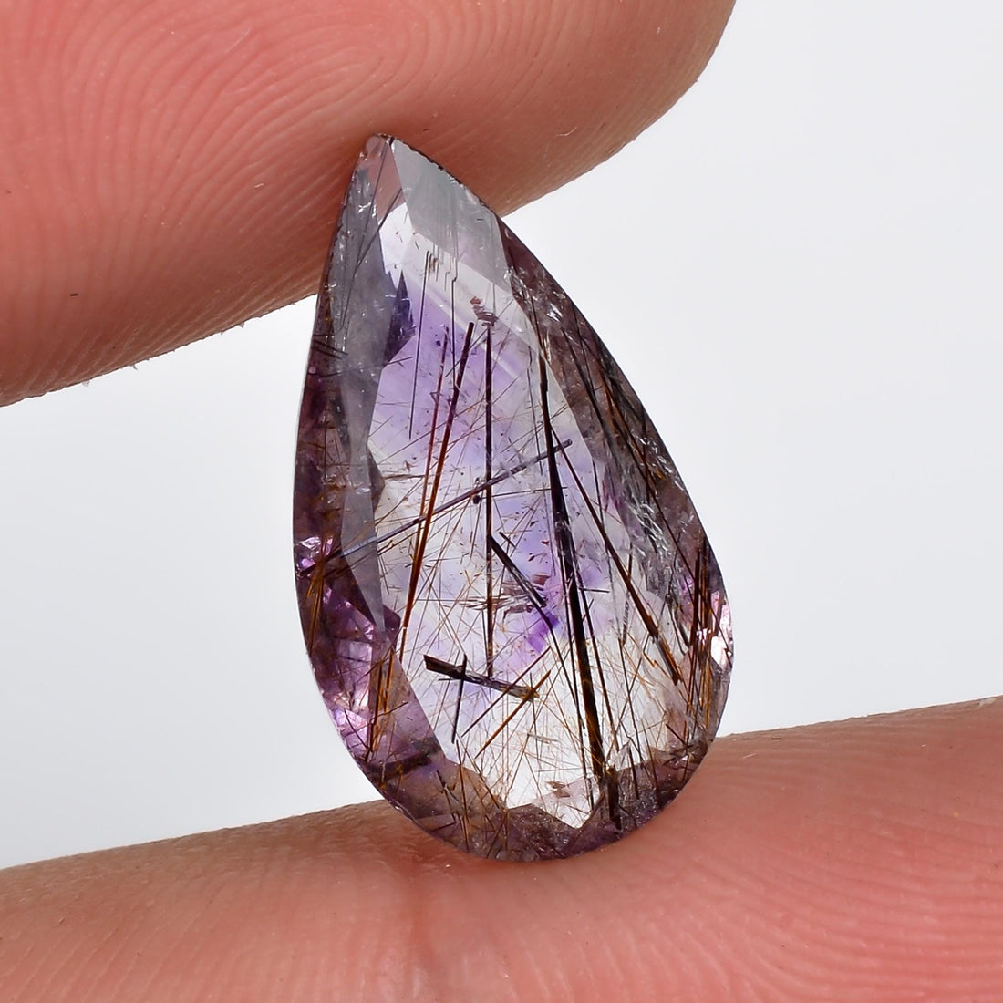 amethyst with cacoxenite natural quartz pear shape cut stone loose gemstone