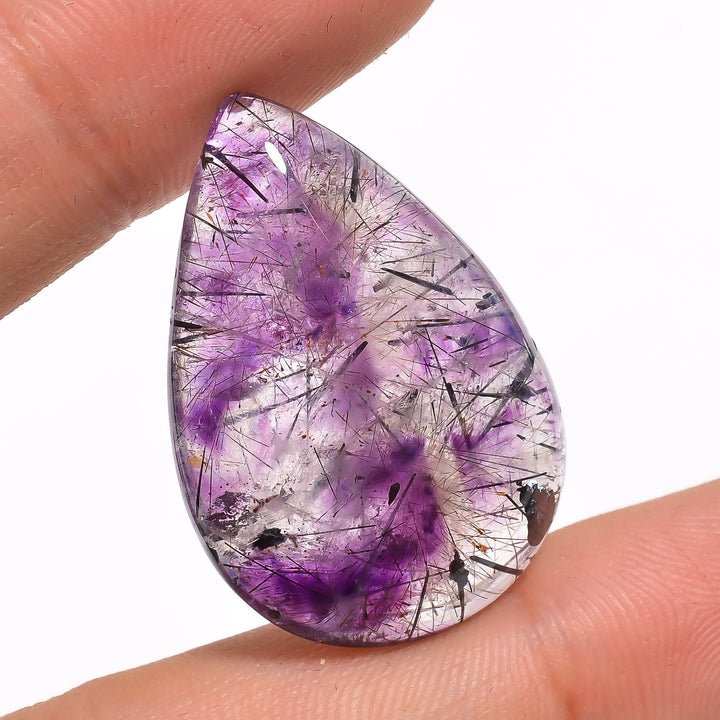 natural black rutile in amethyst super seven pear shape cabochon loose gemstone