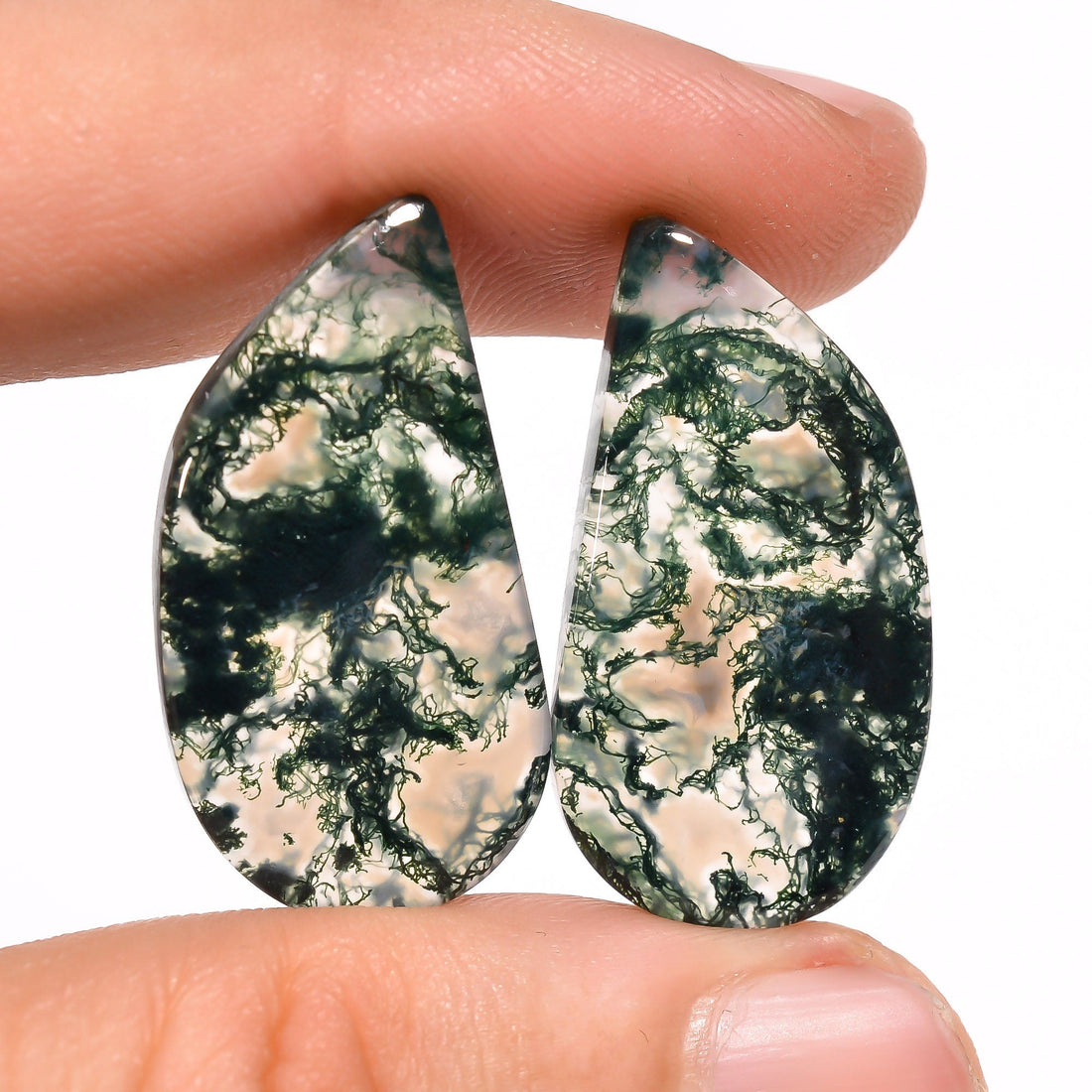 moss agate fancy shape cabochon loose gemstone pair