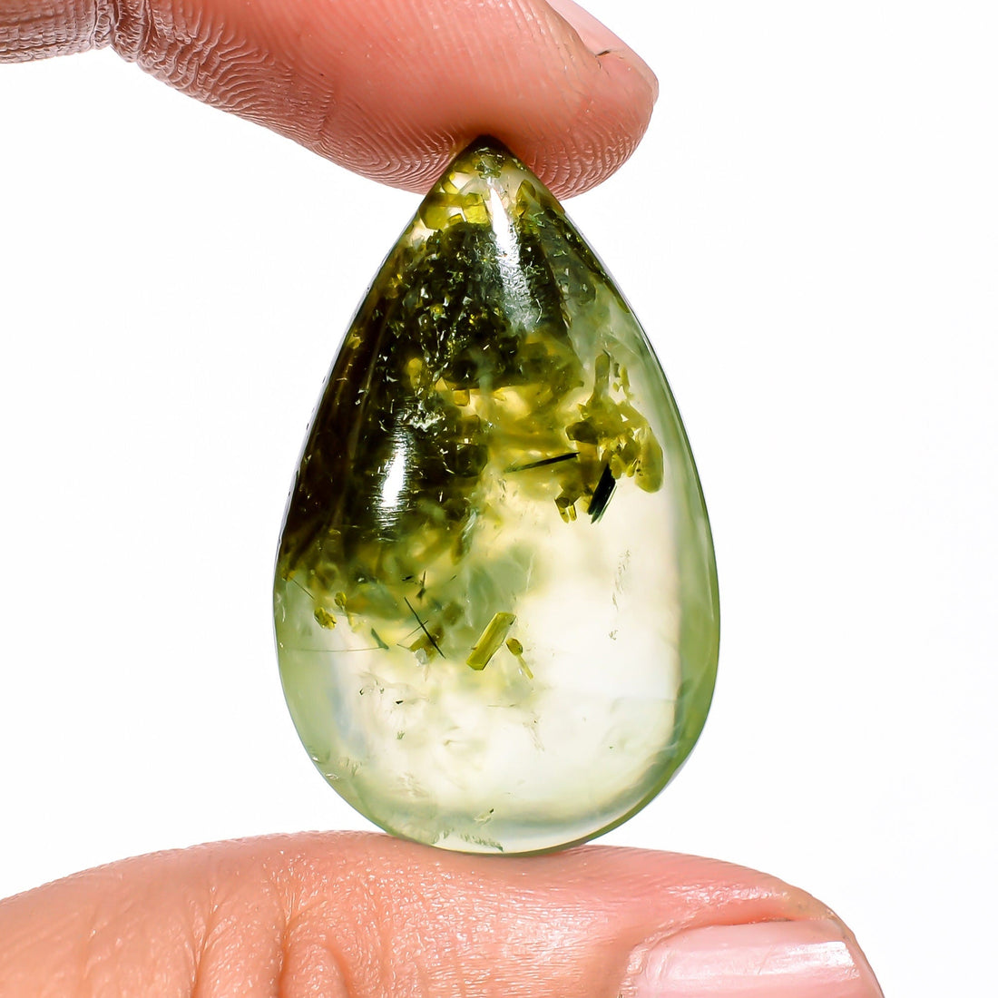 prehnite with epidote pear shape cabochon loose gemstone