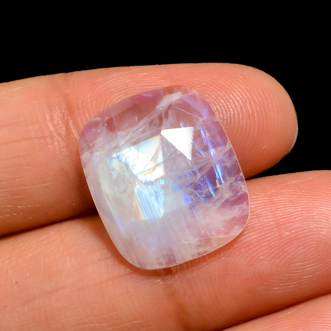 natural rainbow moonstone radiant shape facet on top loose gemstone