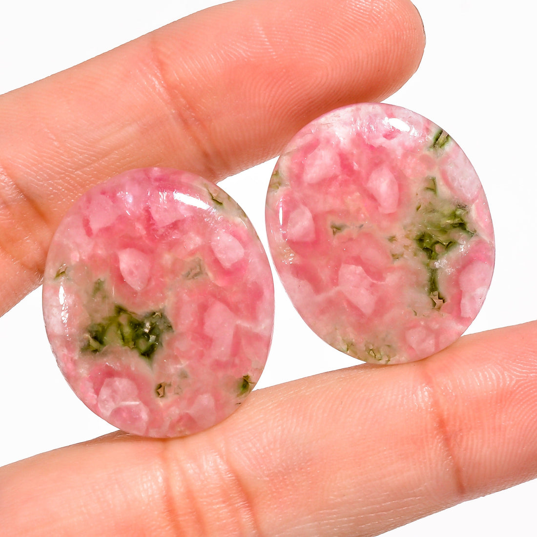 green pink tourmaline bio color oval shape cabochon natural loose gemstone pair