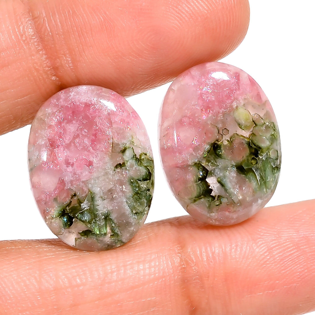 pink green tourmaline natural oval shape cabochon loose gemstone pair