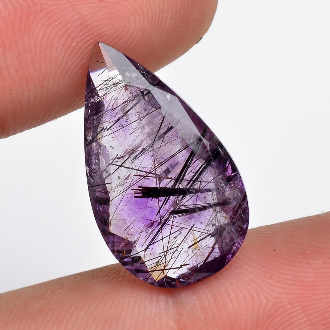 amethyst with cacoxenite natural quartz pear shape cut stone loose gemstone