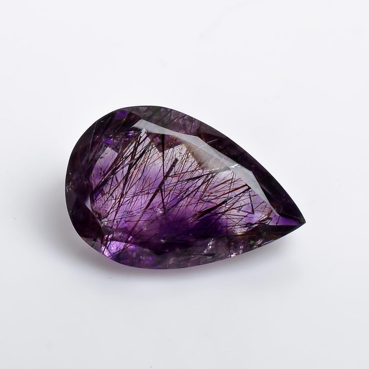 amethyst with cacoxenite natural quartz pear shape cut stone loose gemstone