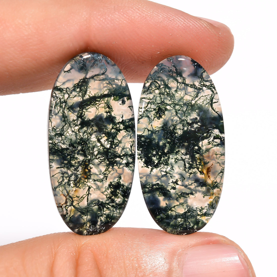moss agate oval shape cabochon loose gemstone pair