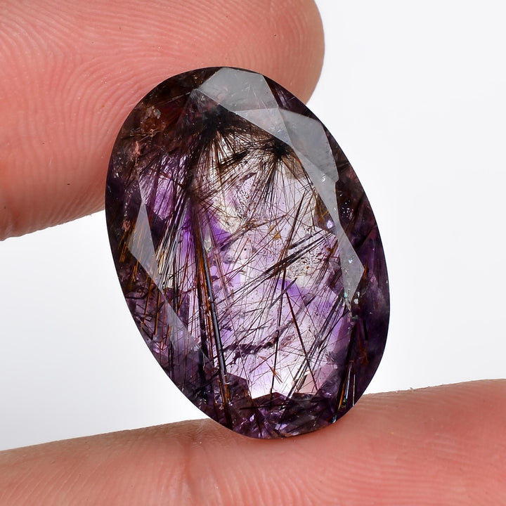 amethyst with cacoxenite natural quartz oval shape cut stone loose gemstone