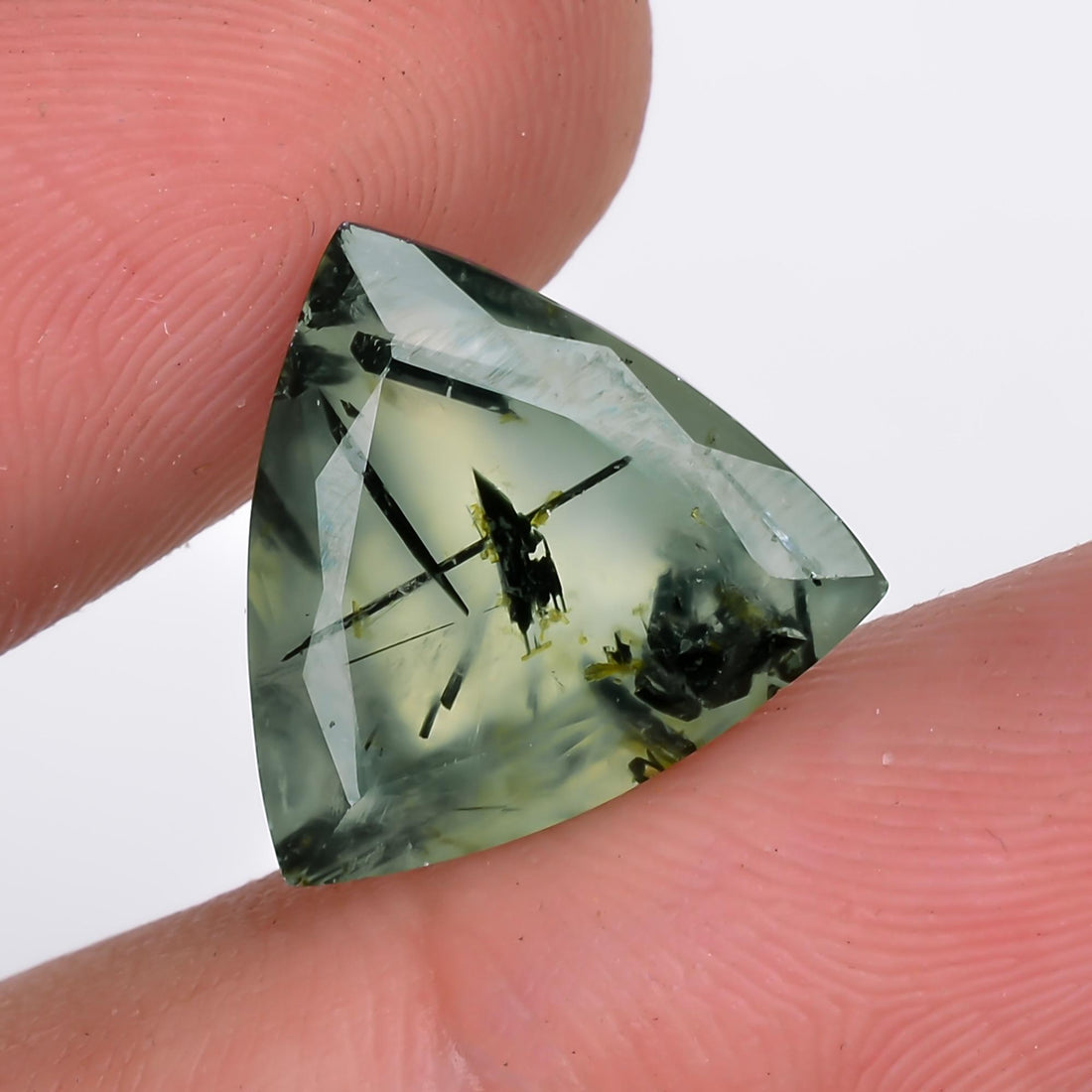 prehnite with epidote natural trillion shape cut stone loose gemstone