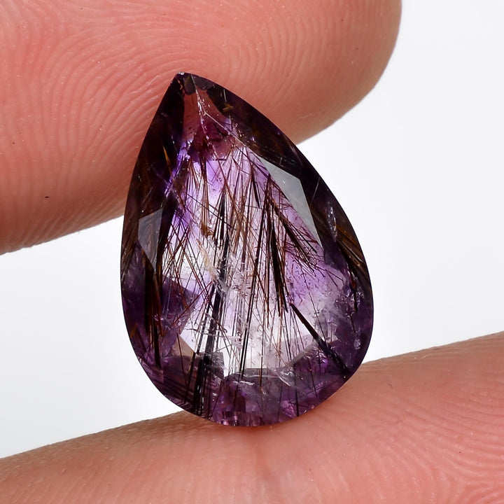 amethyst with cacoxenite natural quartz pear shape cut stone loose gemstone