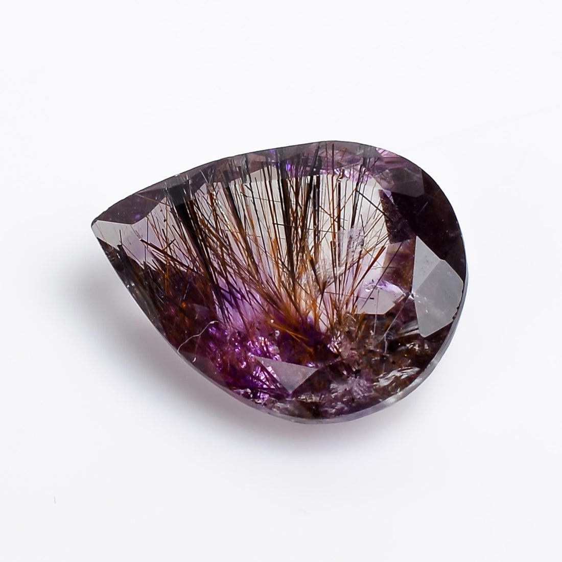 amethyst with cacoxenite natural quartz pear shape cut stone loose gemstone