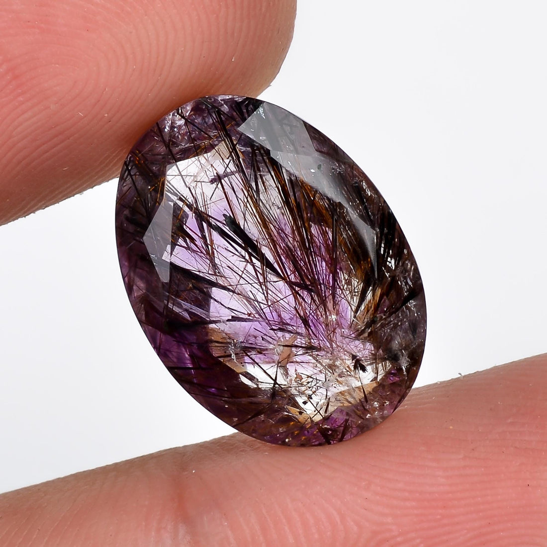 amethyst with cacoxenite natural quartz oval shape cut stone loose gemstone