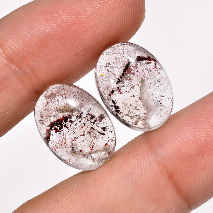 elestial quartz with lepidocrocite oval shape cabochon natural loose gemstone pair