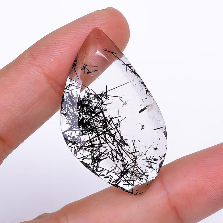 black rutile quartz both side flat cut fancy shape cut stone loose gemstone