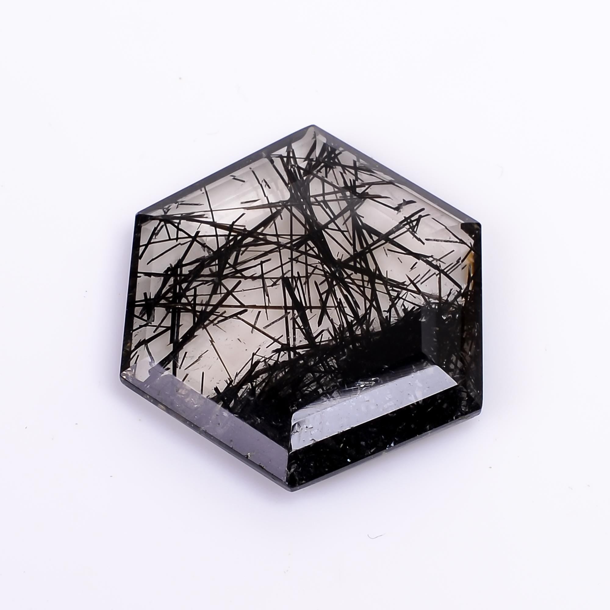 black rutile quartz both side flat cut hexagon shape cut stone loose gemstone