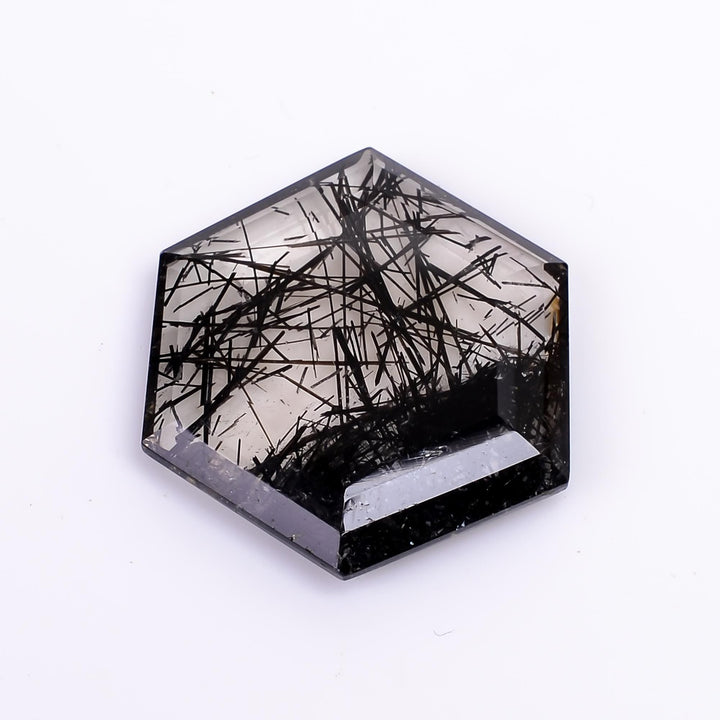 black rutile quartz both side flat cut hexagon shape cut stone loose gemstone