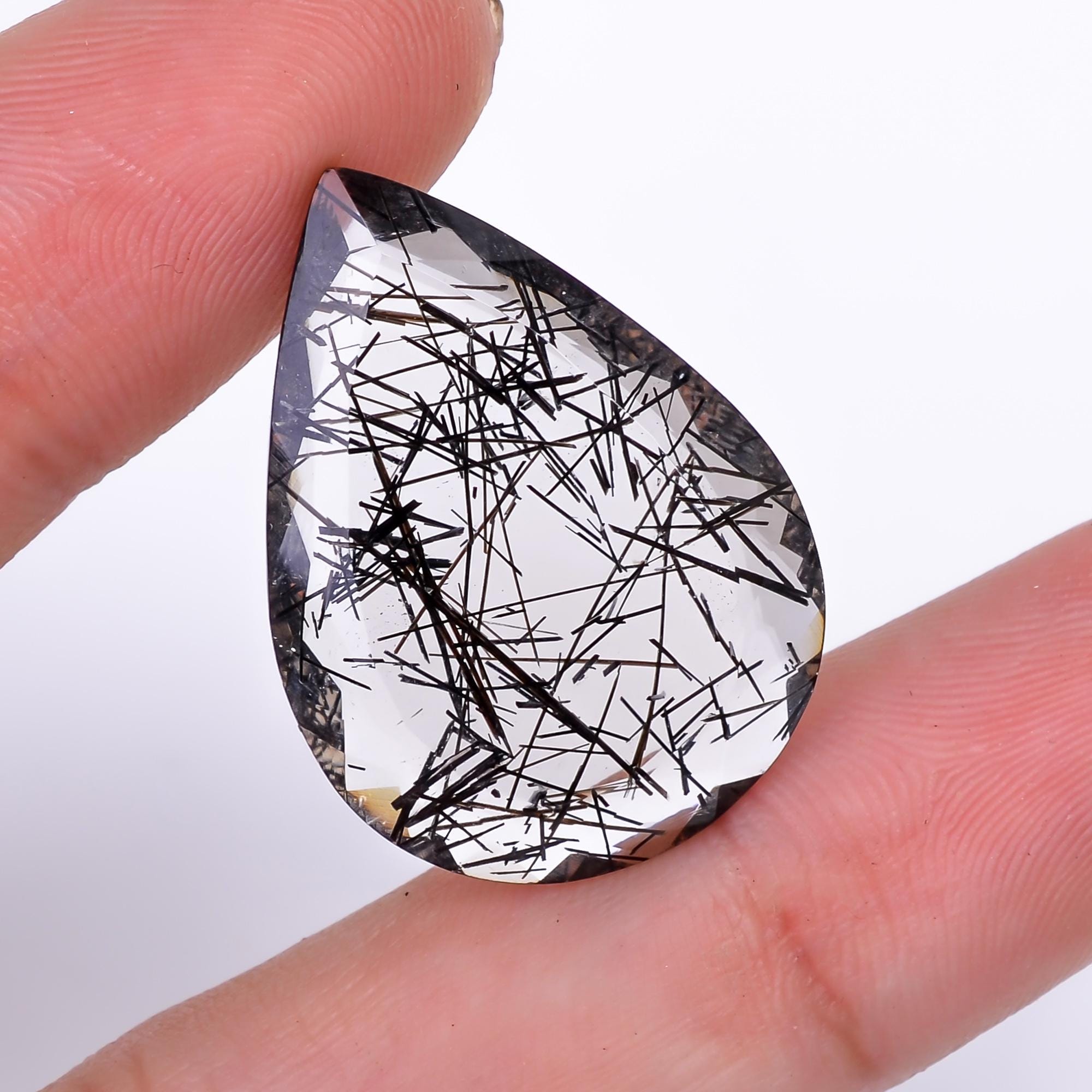 black rutile quartz both side flat cut pear shape cut stone loose gemstone
