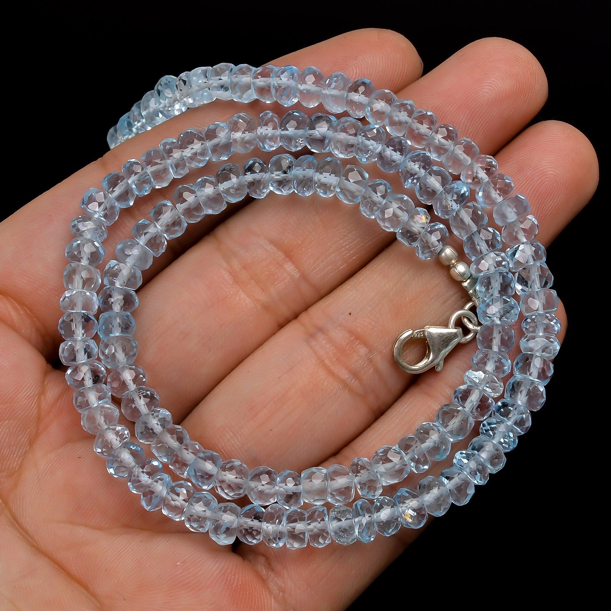 blue topaz gemstone rondelle shape faceted beads necklace