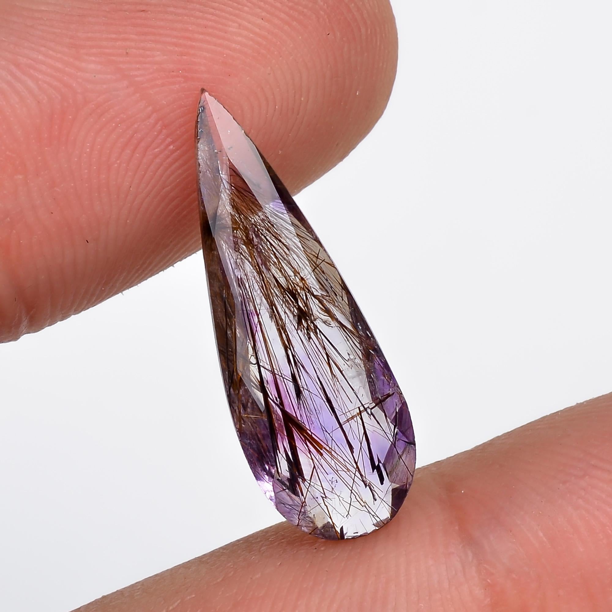 amethyst with cacoxenite natural quartz pear shape cut stone loose gemstone