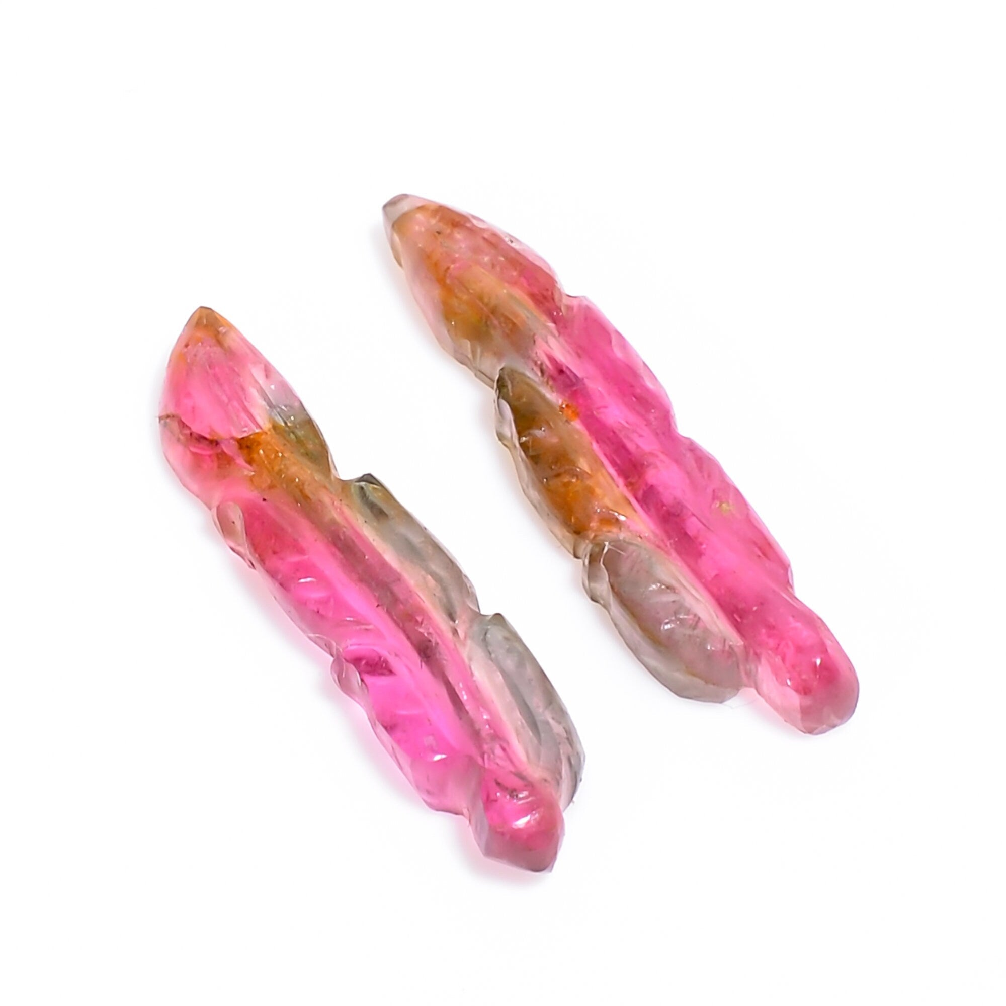 natural bio tourmaline leaf shape carved loose gemstone pair