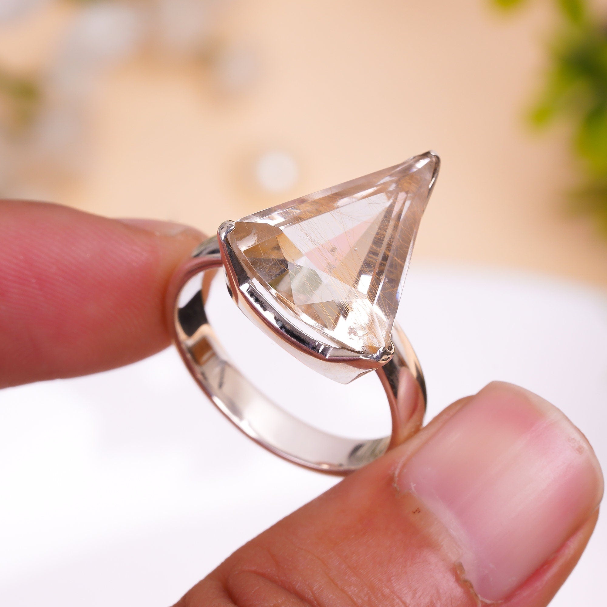 natural golden rutile quartz triangle shape ethnic handmade 925 sterling silver ring 8 75 us 6 9 gms y 7776