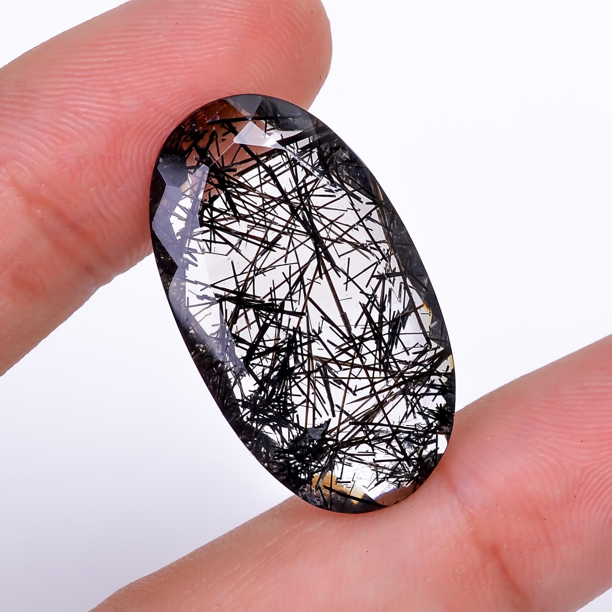 black rutile quartz both side flat cut oval shape cut stone loose gemstone