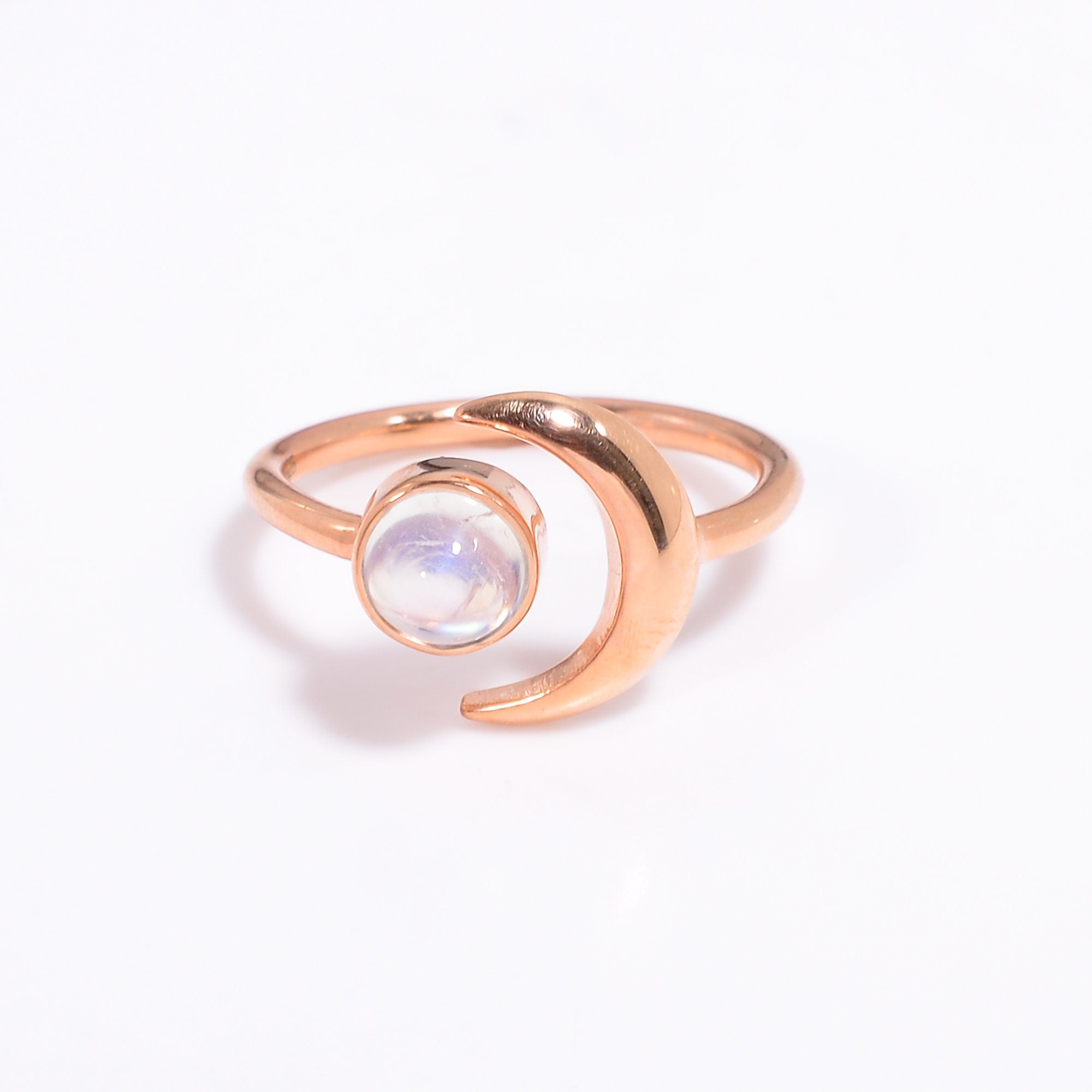 natural rainbow moonstone round moon design 925 sterling silver rose gold plated ring 7 25 us 2 7 gms y 7791