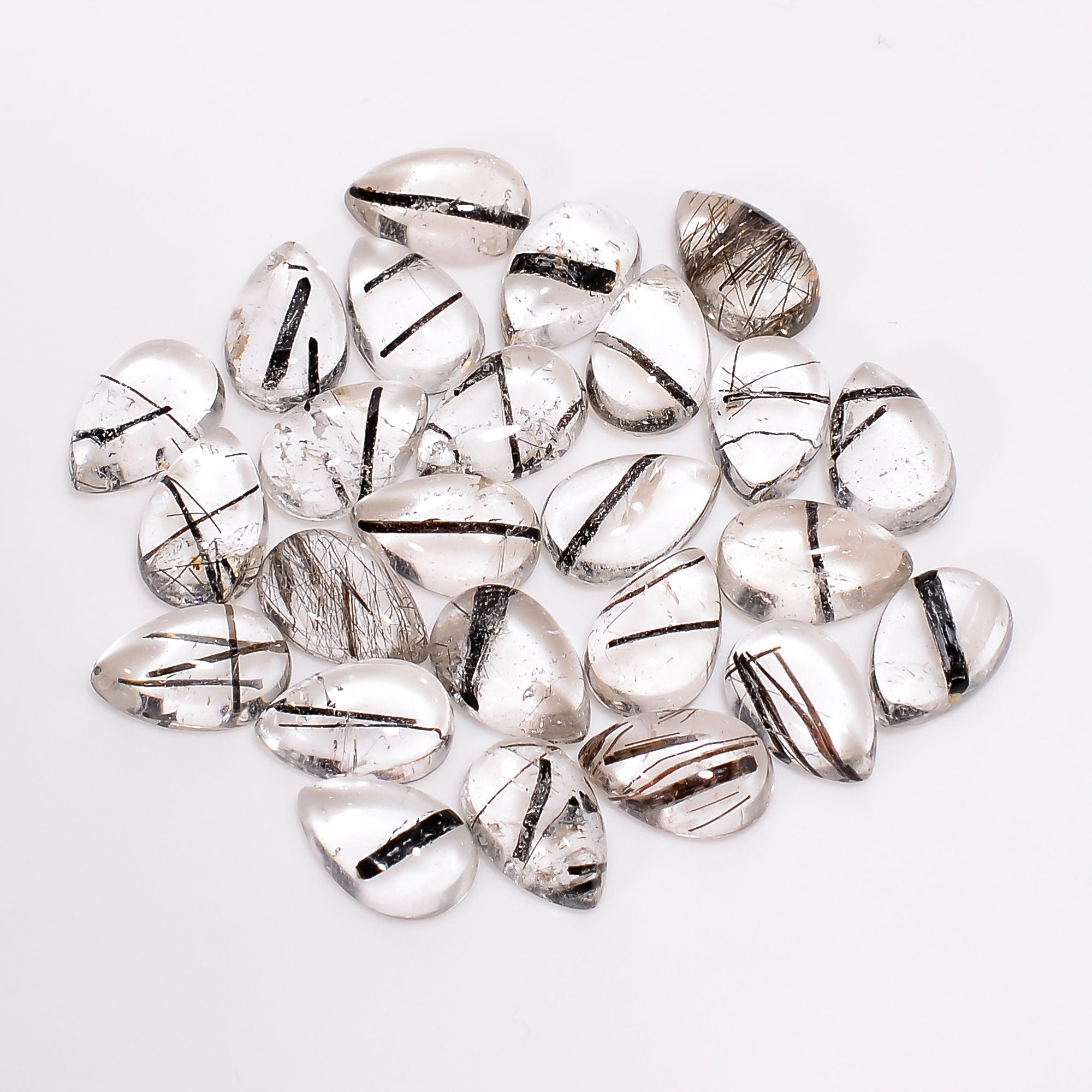 black rutilated quartz pear shape cabochon natural loose gemstone 25 pcs lot