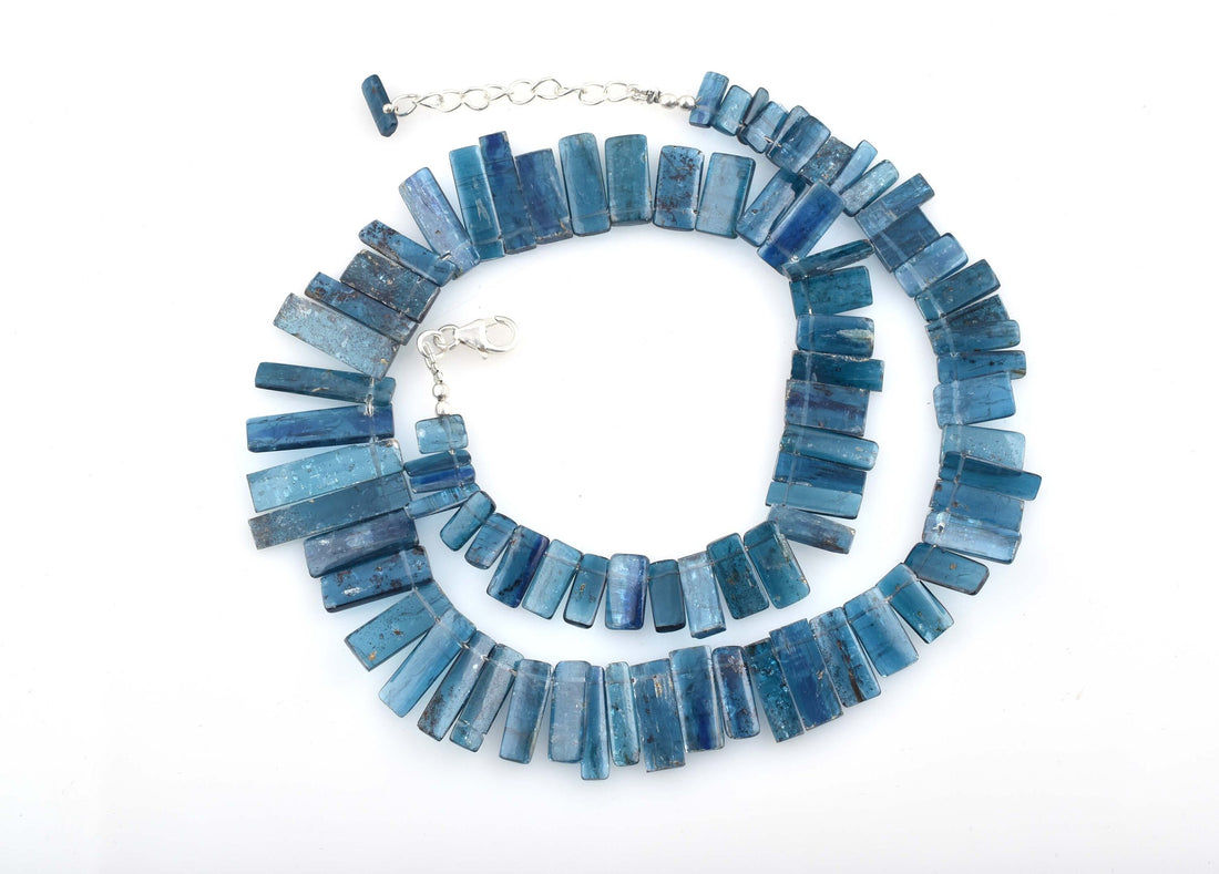 kyanite sticks necklace 16inch dark blue kyanite 179cts ready to wear adjustable sterling silver lock necklace kyanite beads 