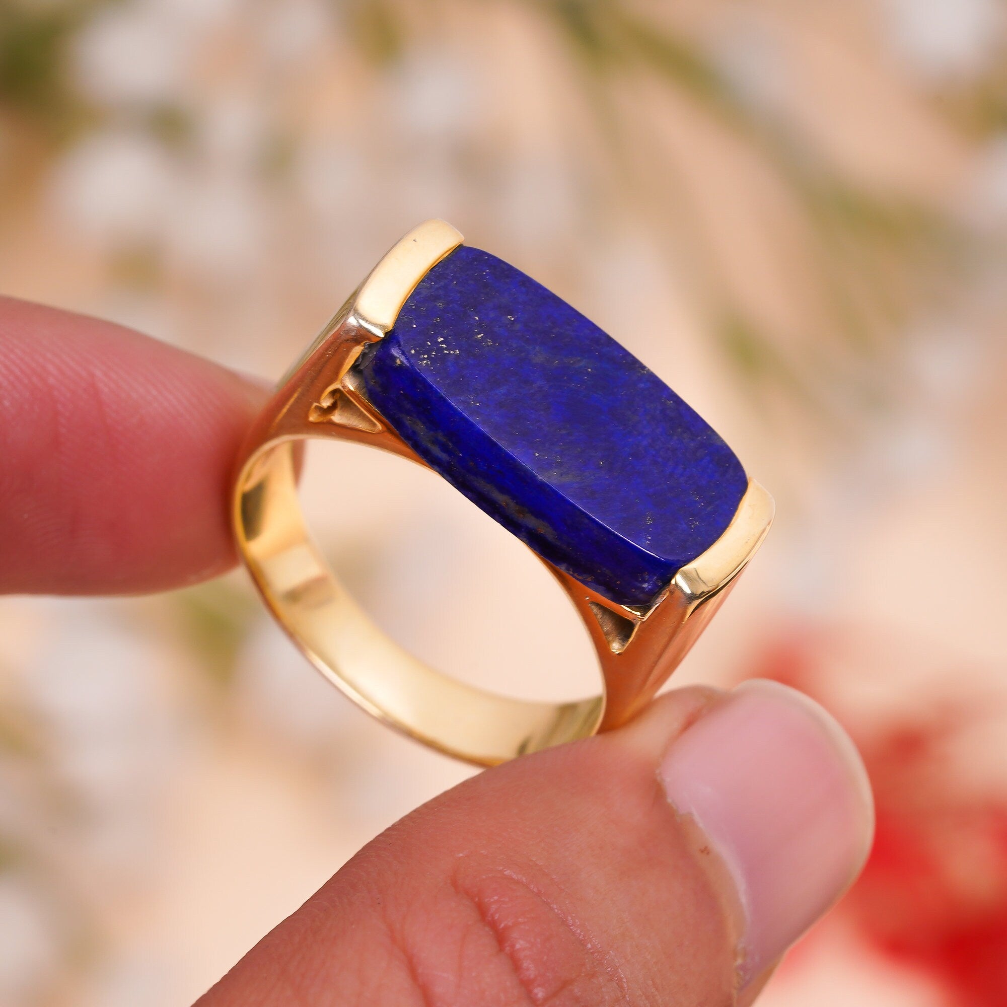 natural lapis lazuli radiant shape ethnic handmade ring 925 sterling silver 14k gold plated 3 micron 10 75 us 10 8 gms y 7778