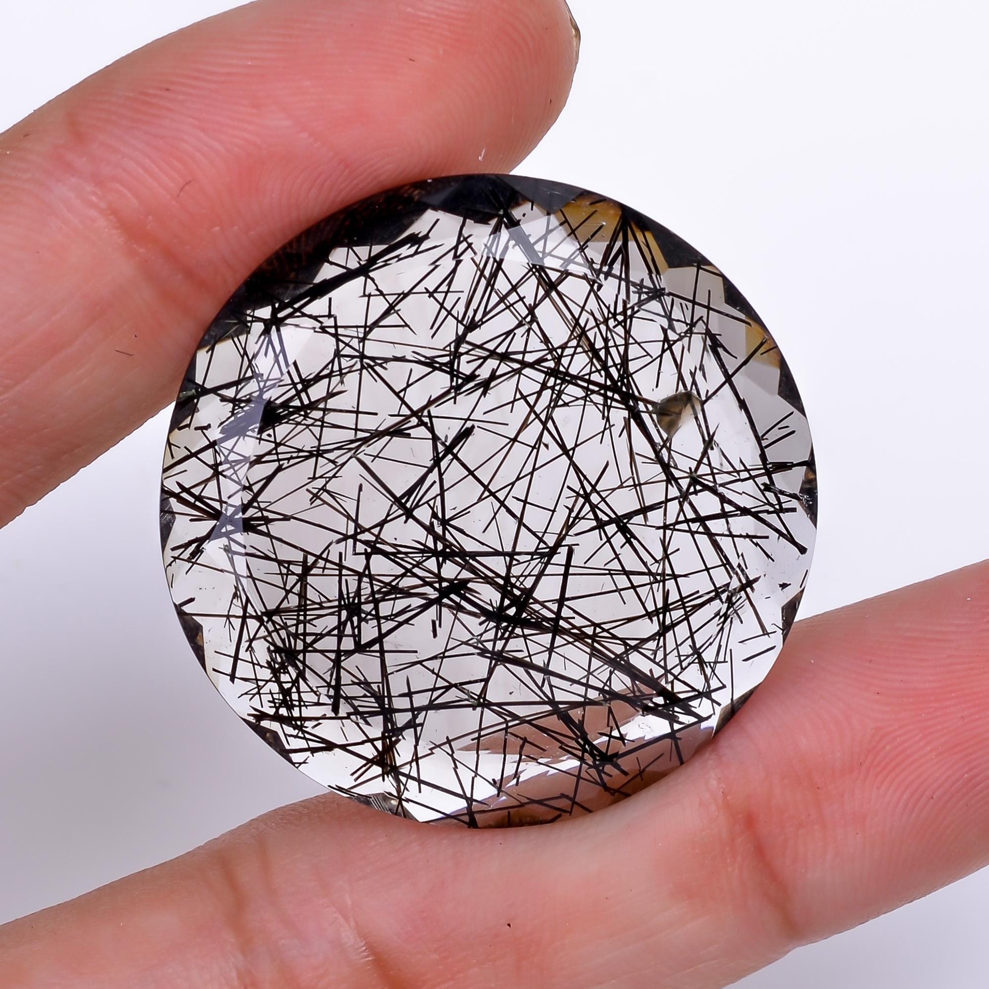 black rutile quartz both side flat cut round shape cut stone loose gemstone