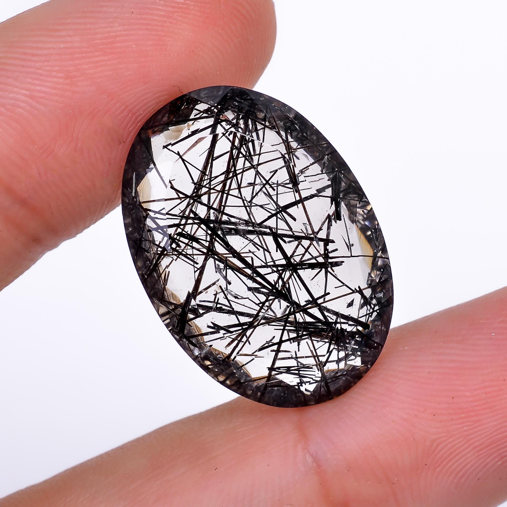 black rutile quartz both side flat cut oval shape cut stone loose gemstone