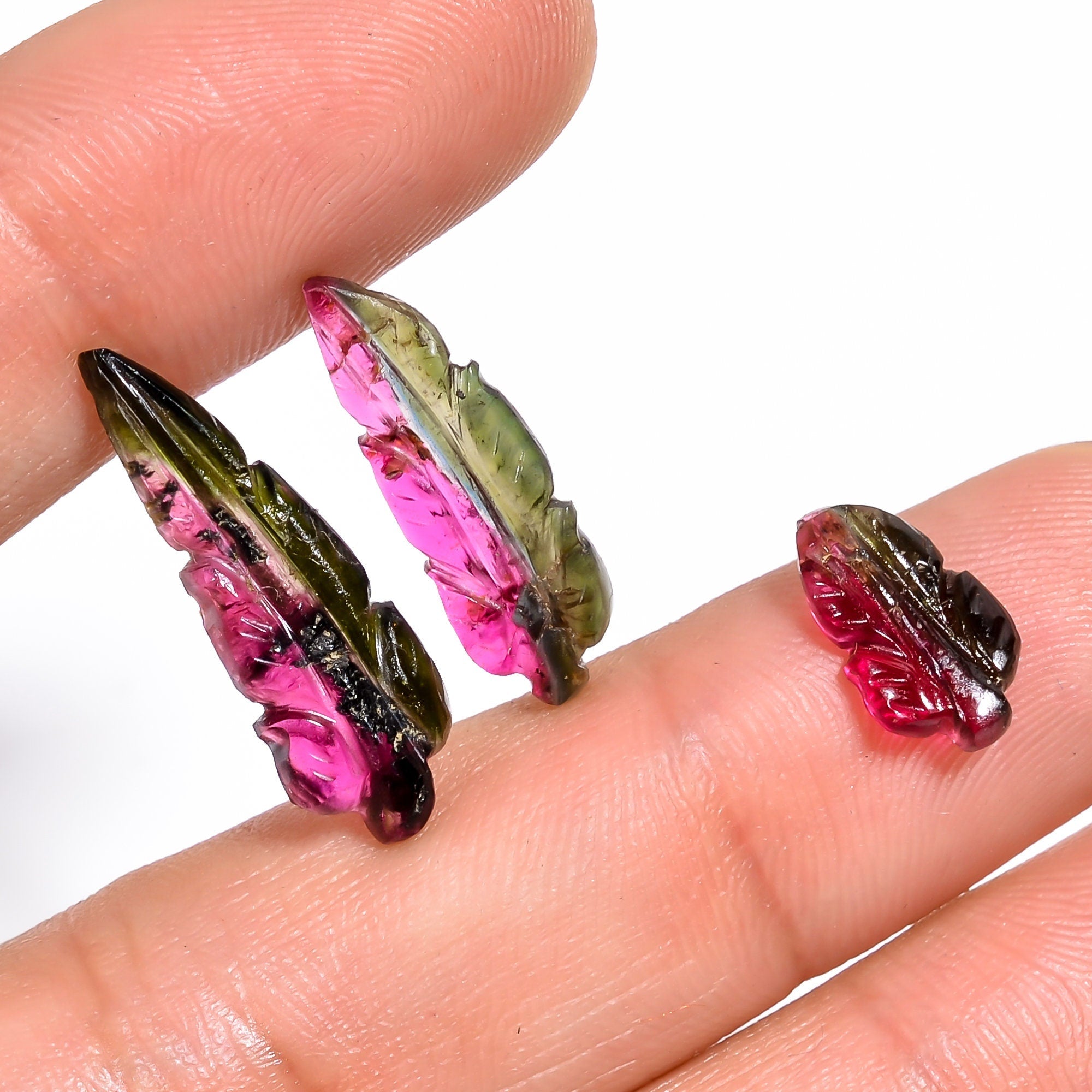 natural bio tourmaline leaf shape carved loose gemstone 3 pcs