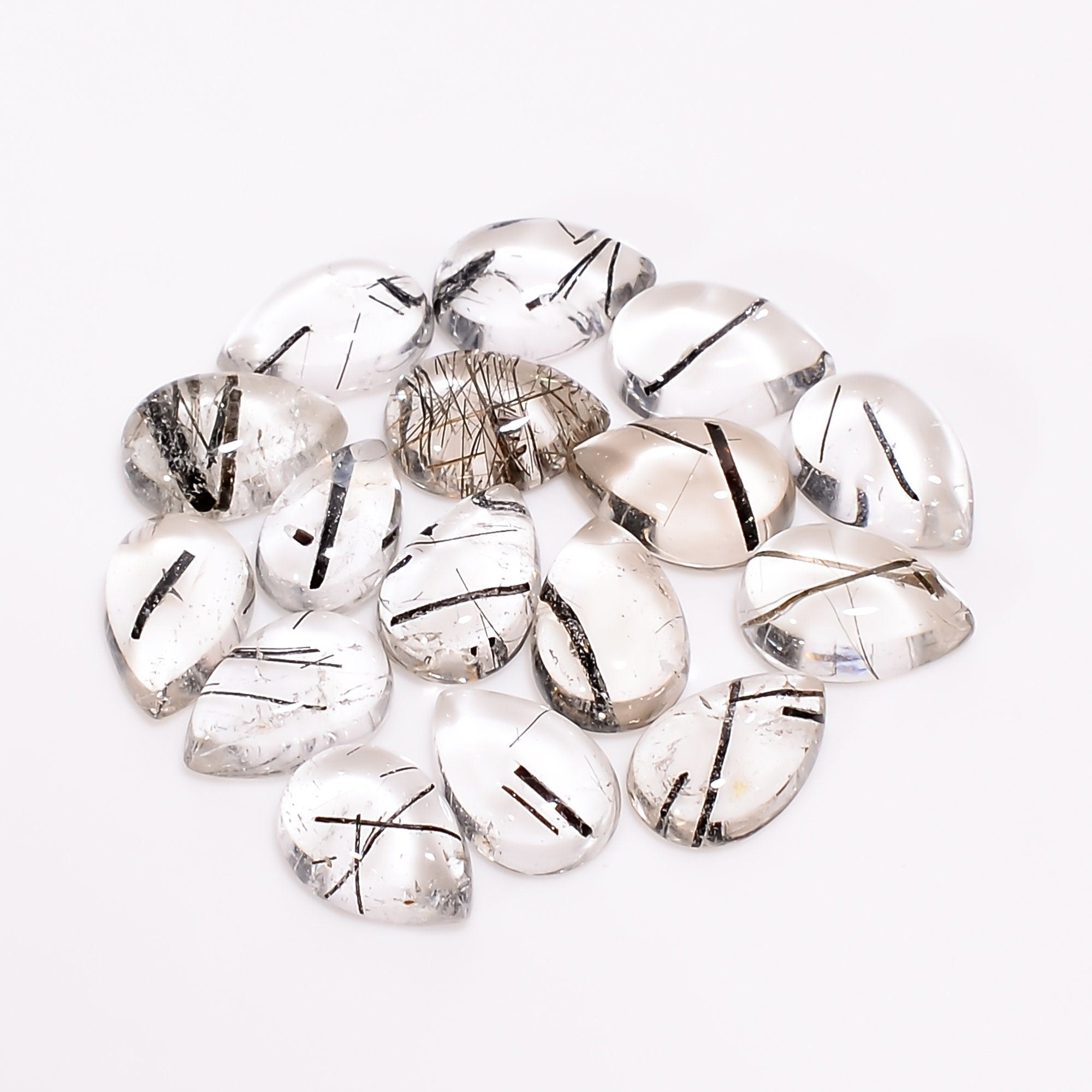 black rutile quartz pear shape cabochon natural loose gemstone 16 pcs lot