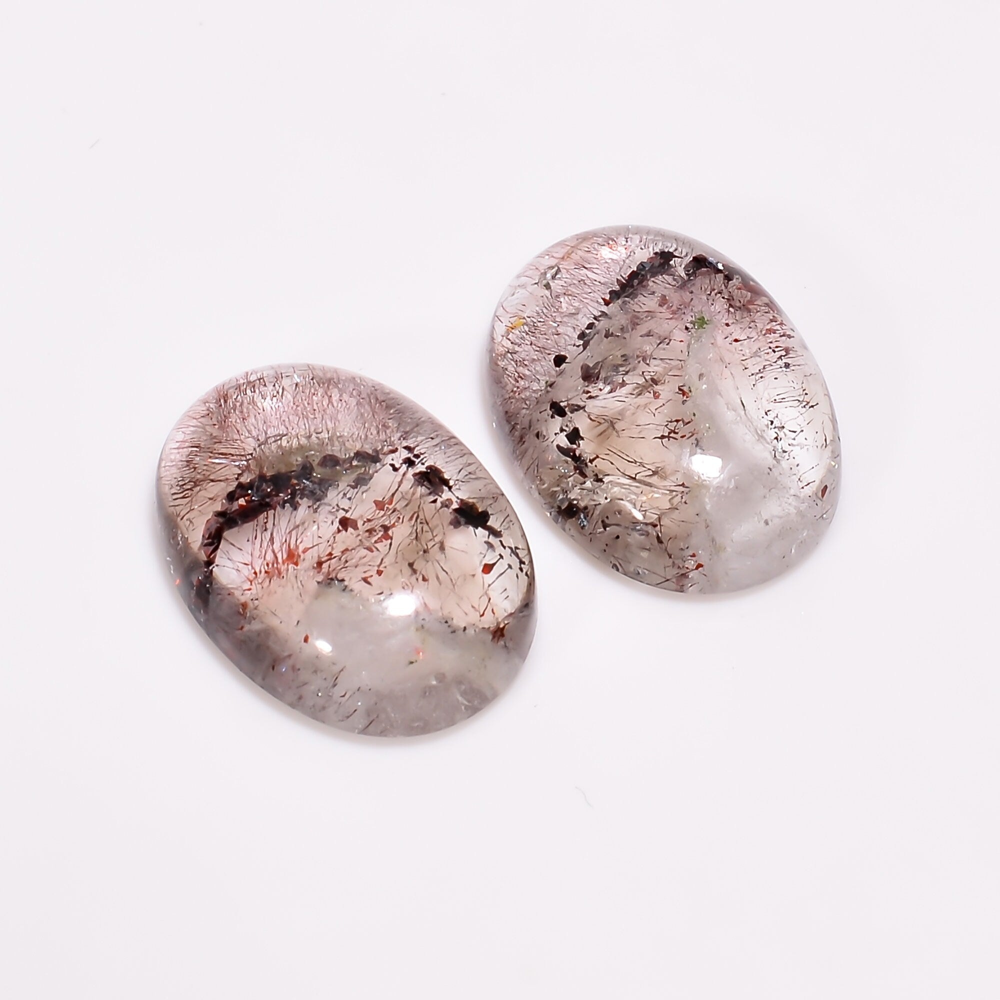 elestial quartz with lepidocrocite oval shape cabochon natural loose gemstone pair