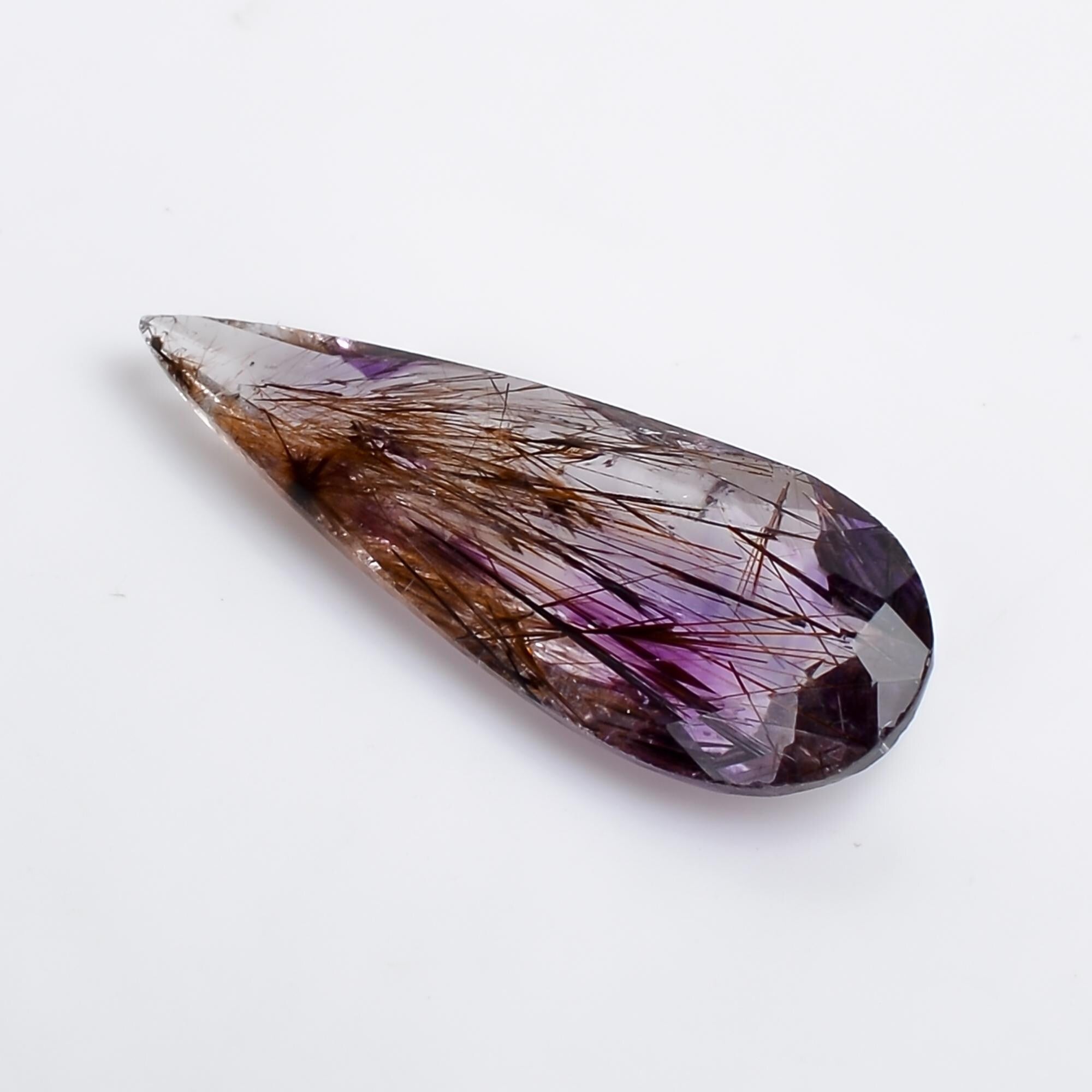 amethyst with cacoxenite natural quartz pear shape cut stone loose gemstone