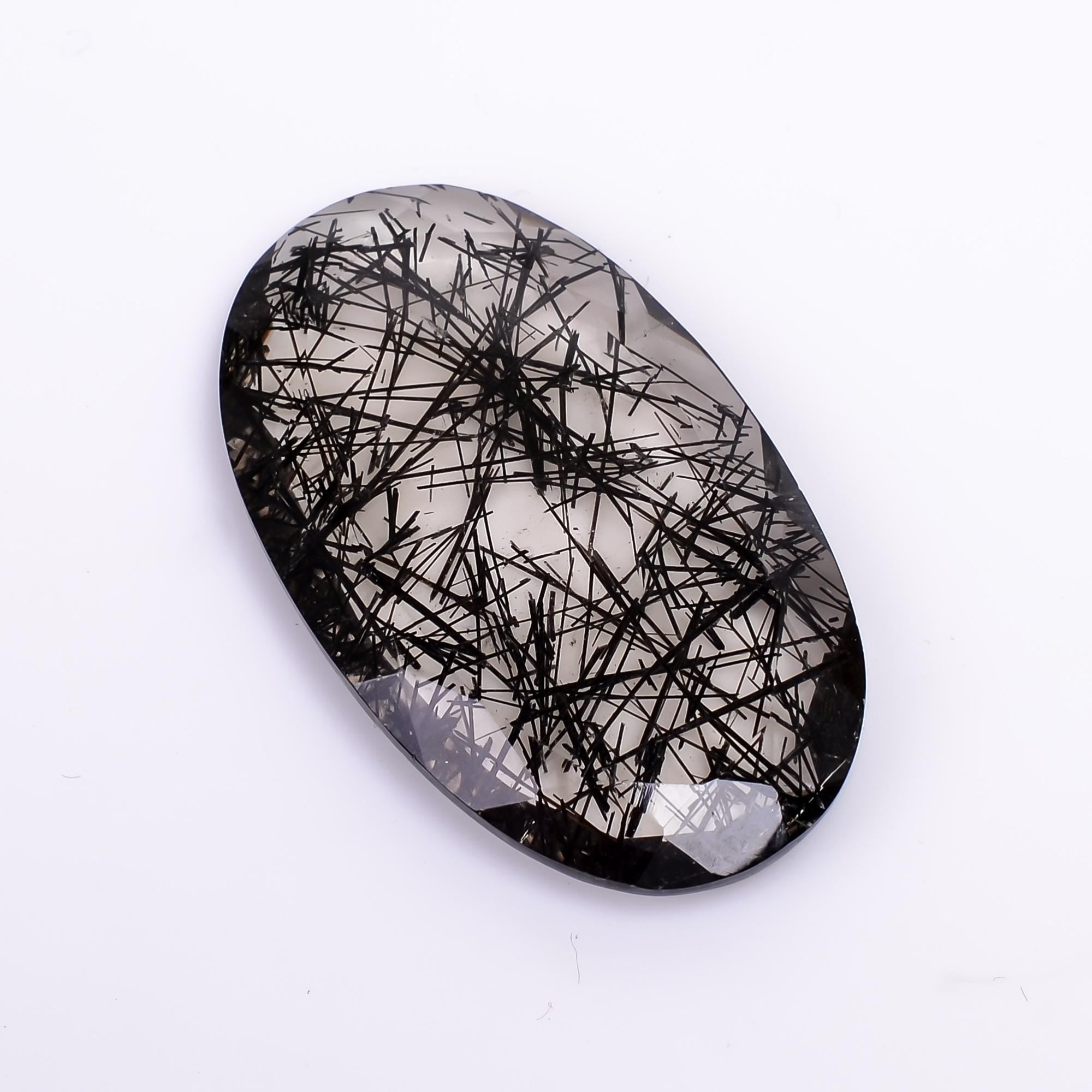 black rutile quartz both side flat cut oval shape cut stone loose gemstone