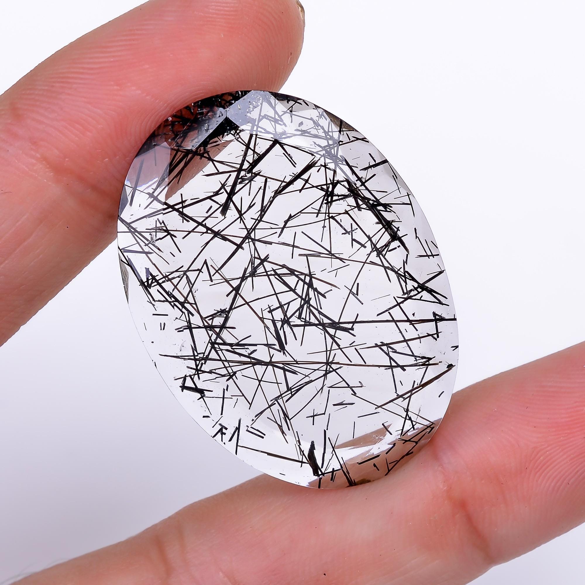 black rutile quartz both side flat cut oval shape cut stone loose gemstone