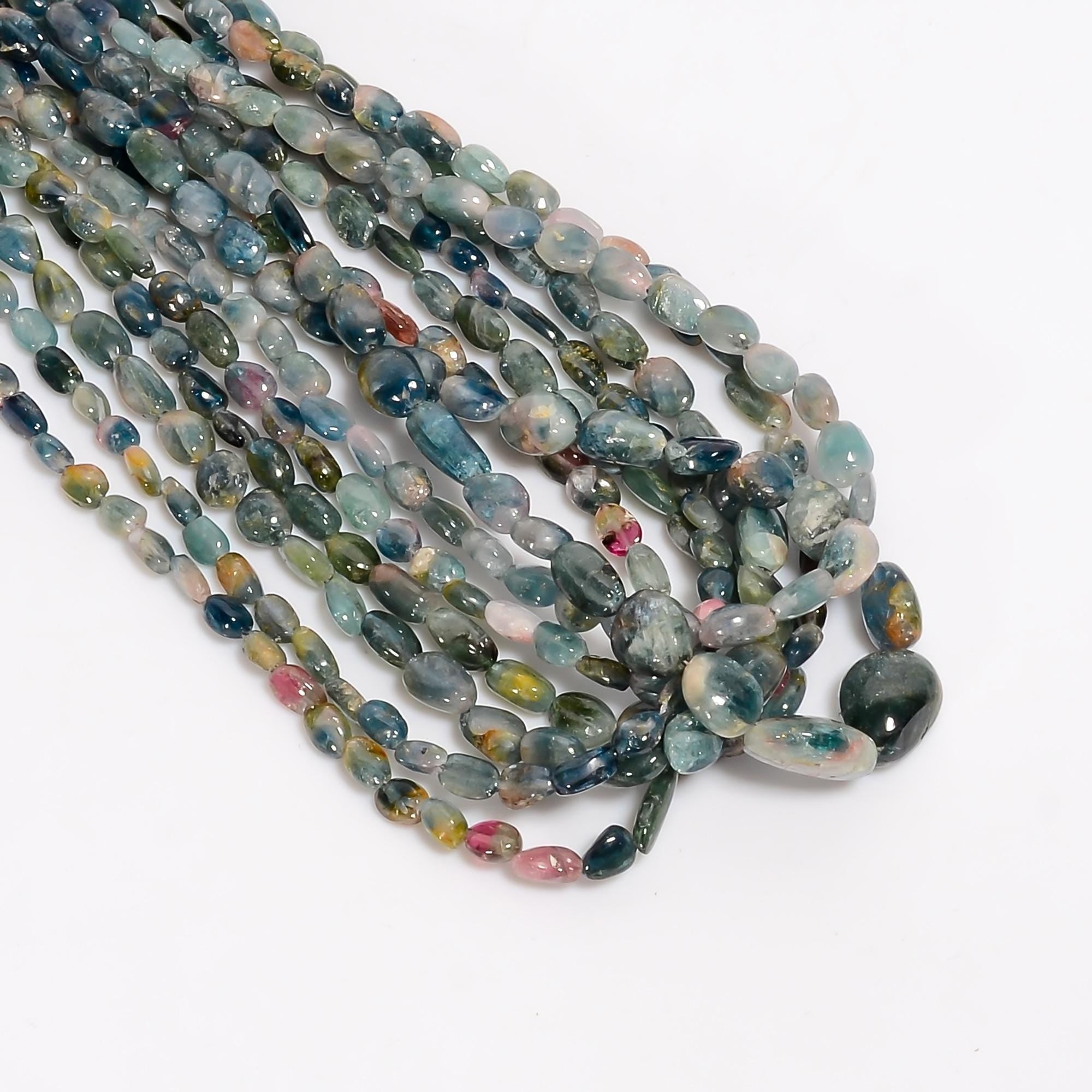 bio tourmaline natural gemstone tumbled shape smooth 7 lines strand 16 beads 5x4 12x9 mm 300 5 ct yn 510