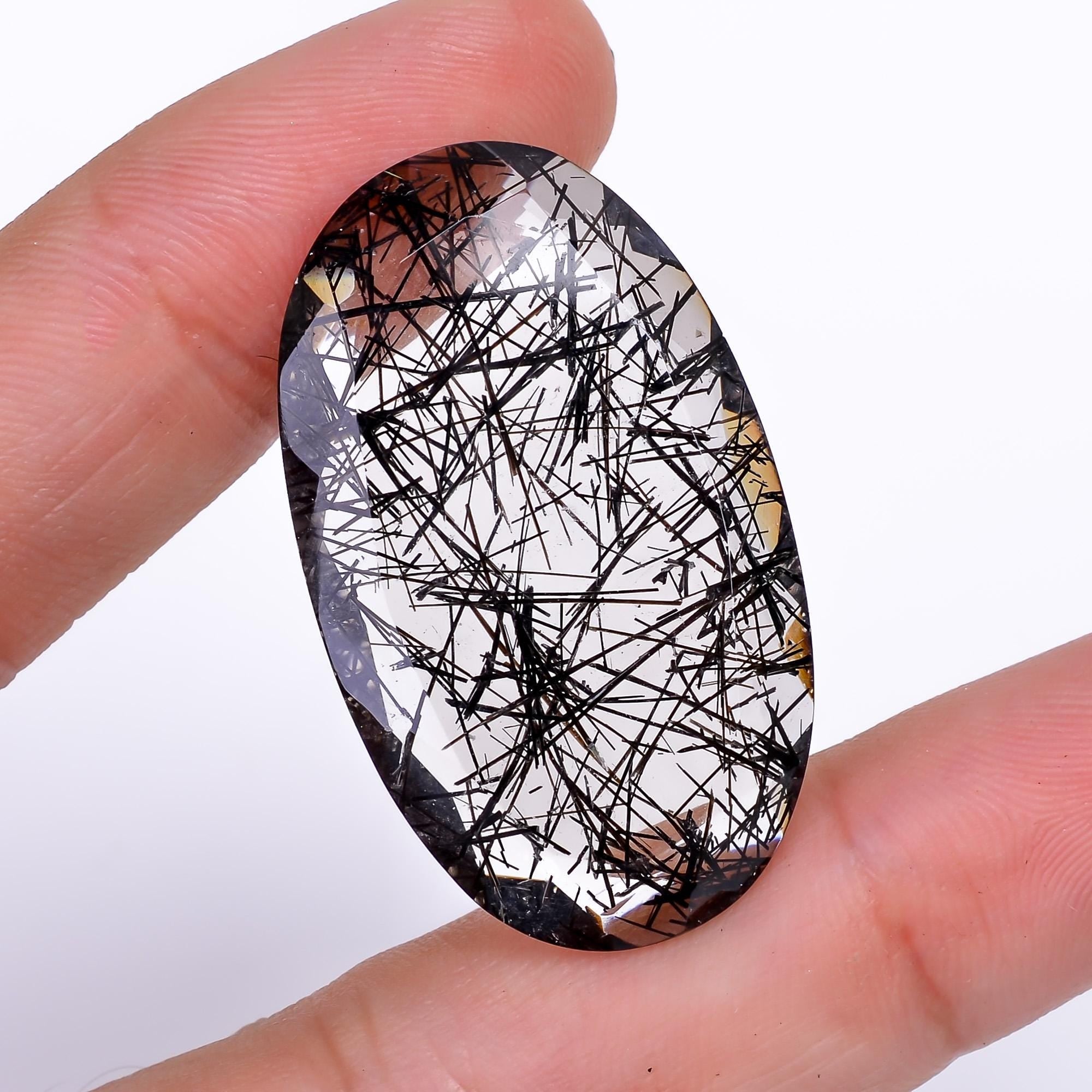 black rutile quartz both side flat cut oval shape cut stone loose gemstone