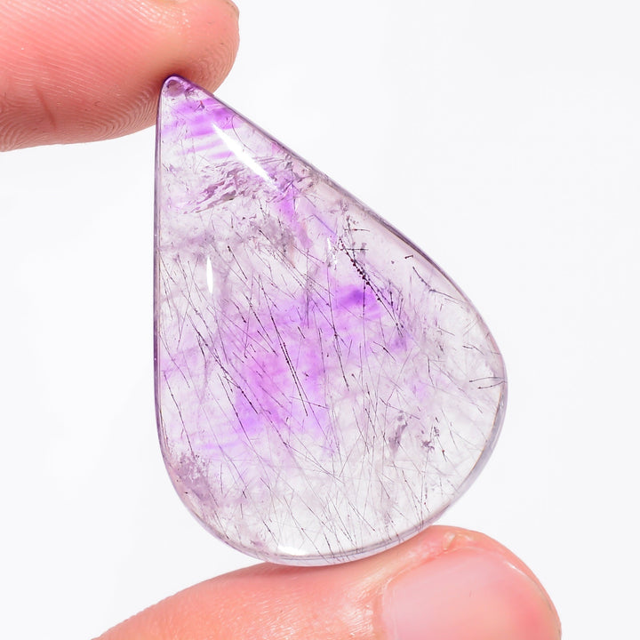 elestial amethyst with black rutile pear shape cabochon loose gemstone