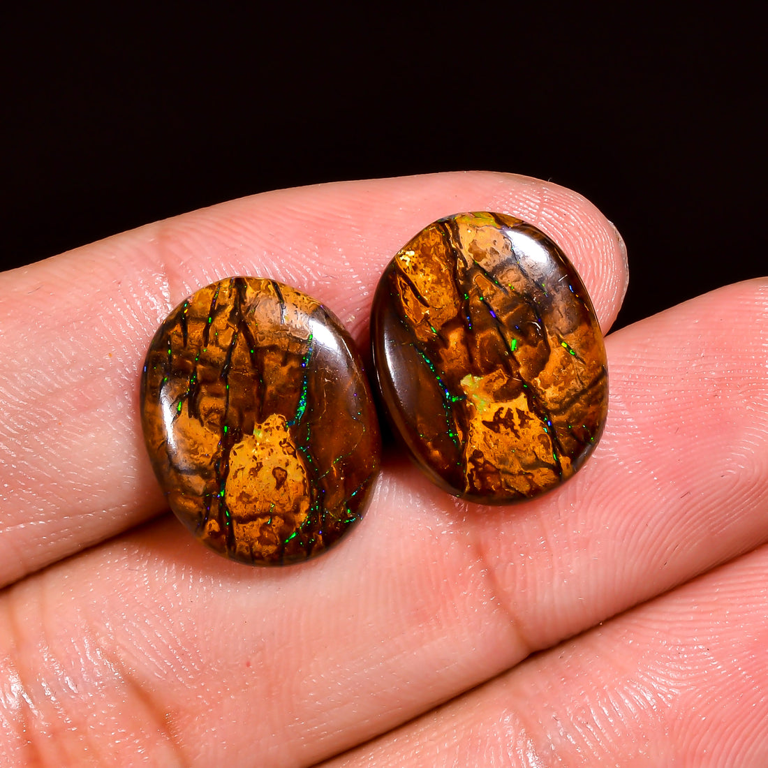 Boulder Opal Oval Shape Cabochon Loose Gemstone Pair For Making Earrings 11.5 Ct. 15X12X3 mm OP-906