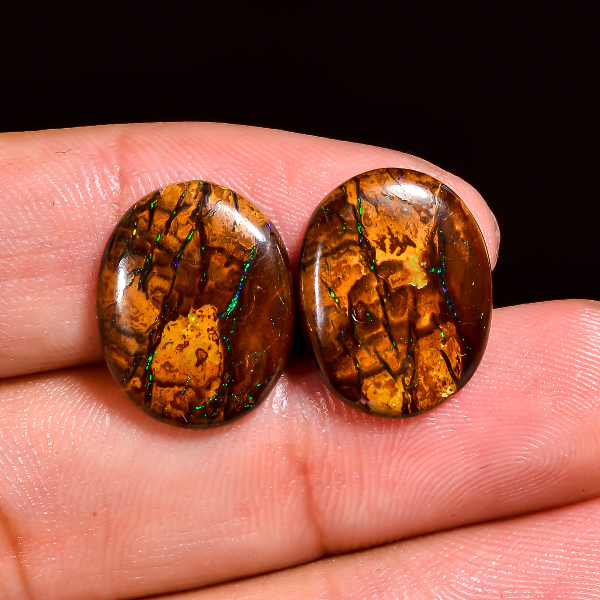 Boulder Opal Oval Shape Cabochon Loose Gemstone Pair For Making Earrings 11.5 Ct. 15X12X3 mm OP-906