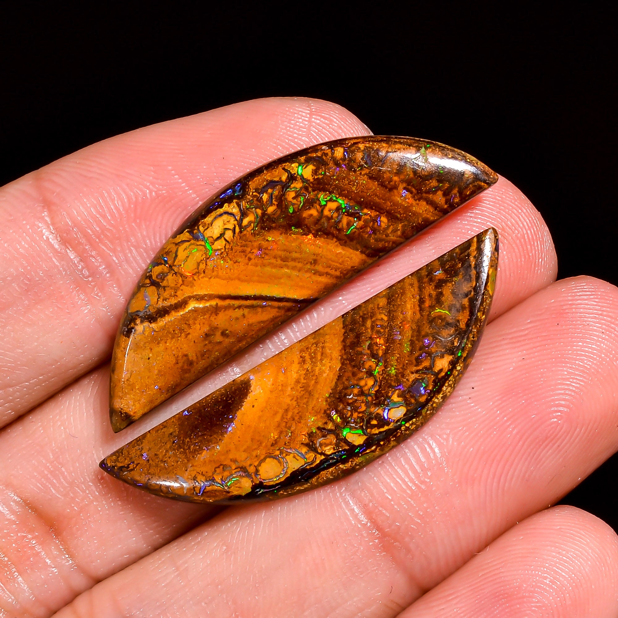 Boulder Opal Fancy Shape Cabochon Loose Gemstone Pair For Making Earrings 19.5 Ct. 35X11X3 mm OP-911