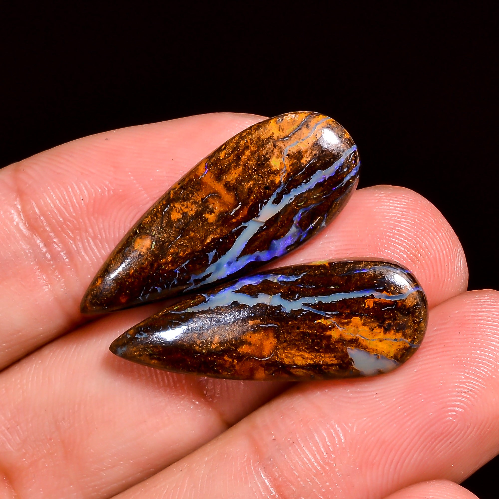 Boulder Opal Pear Shape Cabochon Loose Gemstone Pair For Making Earrings 19 Ct. 27X10X3 mm OP-915