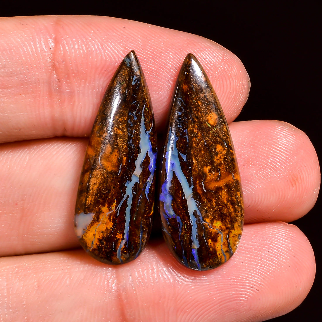 Boulder Opal Pear Shape Cabochon Loose Gemstone Pair For Making Earrings 19 Ct. 27X10X3 mm OP-915