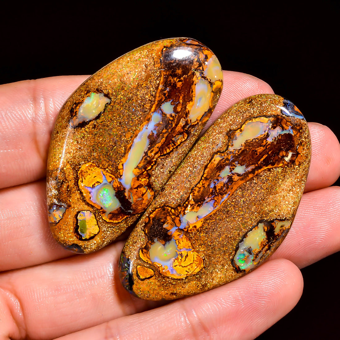 Boulder Opal Fancy Shape Cabochon Loose Gemstone Pair For Making Earrings 125 Ct. 47X24X6 mm OP-918